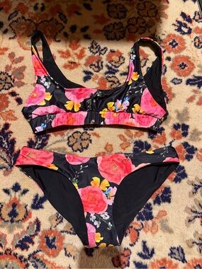 Kulani Kinis Black Bikini with Pink & Yellow Floral Print